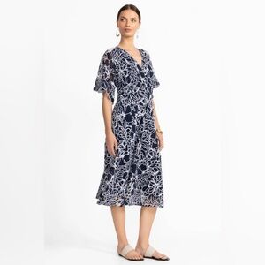 Johnny Was Eyelet Bloom Navy Blue & White Midi Dress